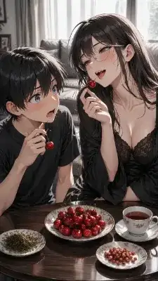 さくらんぼを食べる姉と弟