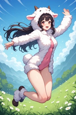 羊のフードで跳ねる草原の少女