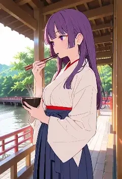 川を望む縁側での静かな朝食