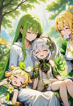 微笑ましい緑の4人が自然と一緒に遊んでいます