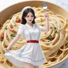 パスタを振るう元気メイド