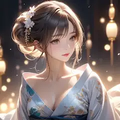 灯火に輝く着物美女