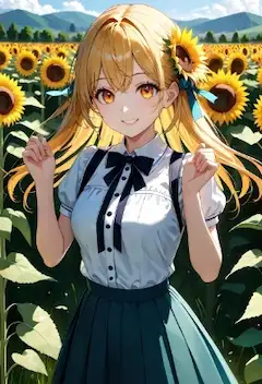 ひまわりの咲く野原でえみを浮かべる少女