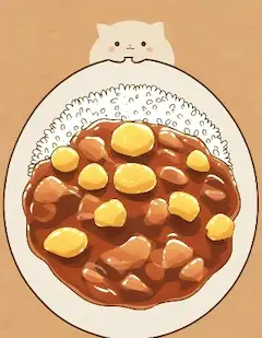 ひょっこり顔を出す猫とカレー