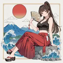 赤い太陽と波の美少女