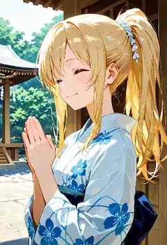 夏の神社で祈りを捧げる金髪少女