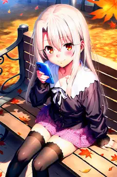 秋の公園でベンチに座っているイリヤちゃん🍂