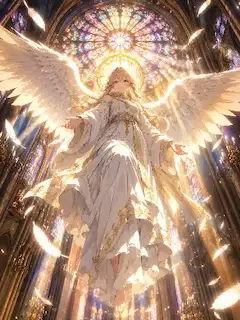 聖堂の光に舞う翼の天使