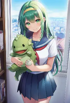 緑髪の少女と小さな怪獣の朝