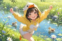 アヒルフードの少女と池の小さな冒険