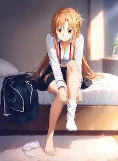部屋の中でベッドに座って靴下を脱いでいるアスナ