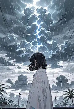 雷鳴の空に立ちすくむ少女