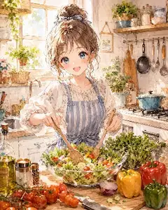 陽光キッチンで笑顔のサラダ作り。