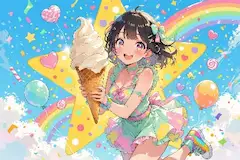 虹の下で巨大アイスクリームの贈り物