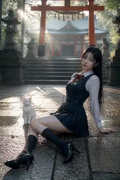 【３モデル比較】白い猫を従えた制服姿の香さん（試作）