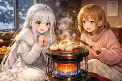雪夜の暖炉で交わす友情の饅頭
