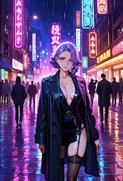 ネオン雨に溶ける影の美女