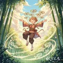 竹林の魔法に舞う少年の秋
