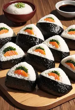 木の板に並ぶ鮭おにぎりたちの午後