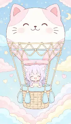 猫気球に乗る猫耳の女の子