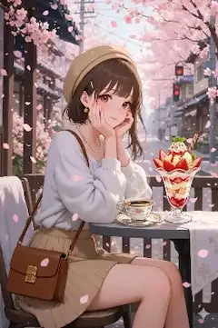 桜舞うカフェの甘い午後