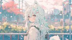 桜舞う街で狐娘の微笑み