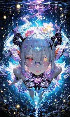 「わたしは、天使じゃないけど。」（水底に微笑む銀髪の角の少女）