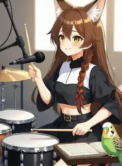 音楽の道を行くか安定の道を行くか悩んでいるが実は驚異の才能を秘めたドラマーだった………という妄想をする夢見るドラマー少女と友達のインコ