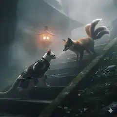 霧深い山寺で対峙する猫侍と狐