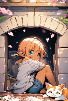 もう使用してない暖炉で遊んでるエルフさん（にゃんこもいるよ）