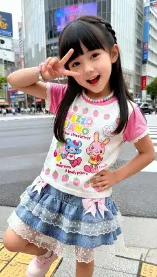 バイカラープリントTシャツとリボン付きレースティアードスカートのコーデ