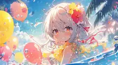 風船と花冠が舞う夏の海辺