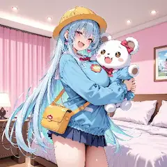 クマを抱く青髪少女の笑顔