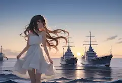 黄昏の海に立つ白いドレス