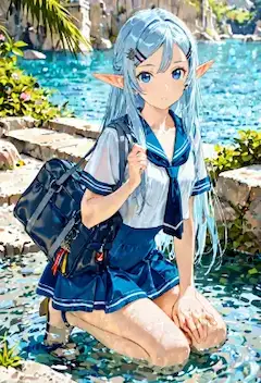 髪の光が水面をほどき、静けさの層に夢を沈める