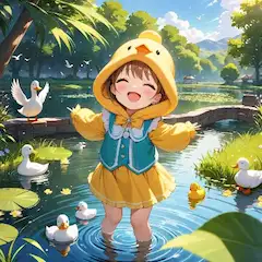 アヒルフードの少女と水辺の仲間たち