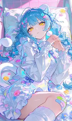 ベッドでくつろぐ青髪少女