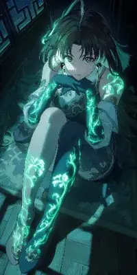 グリーンに光るタトゥーの鑑心が座っています