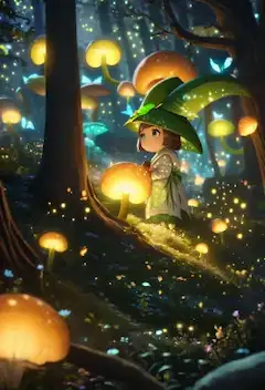 輝くキノコの森の小さな魔女