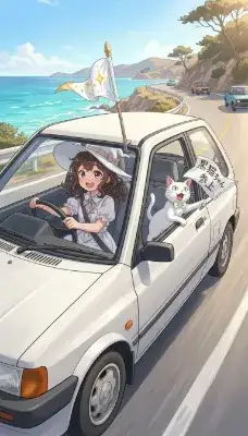 少女と猫の陽気な海岸ドライブ