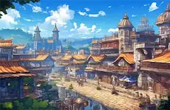 ファンタジーRPG風の交易都市の遠景