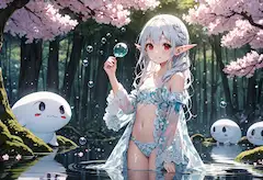 桜の森で泡の魔法に戯れるエルフ