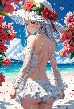 海風に揺れる花と銀髪の少女