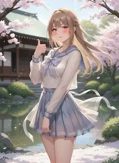 Proud, delicate saint only in a eternally diaphanous gossamer japanese sailor suit uniform, gives a thumbs-up