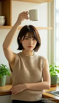 キッチンで、棚の上のカップを取る - In the kitchen, pick up a cup on the shelf