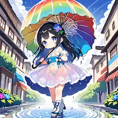 虹色の雨傘と笑顔の少女　傘の枝から傘の屋根につなげるのが苦手