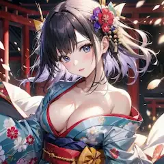 花びら舞う神社の美女