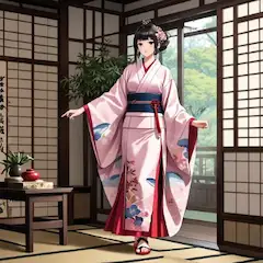 古民家に佇むピンクの着物少女　家の中で新しい靴を履くあるある？