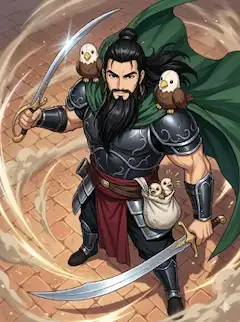 双刀将軍、両肩にぬいぐるみを乗せて戦う。