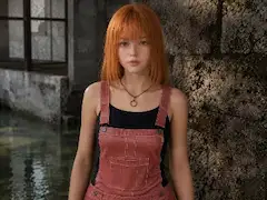 廃墟に立つ赤髪の少女